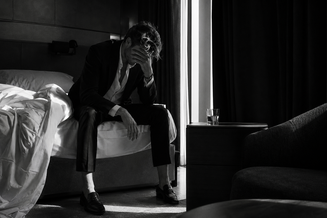 Hungover person sitting on a bed in morning light after a night out