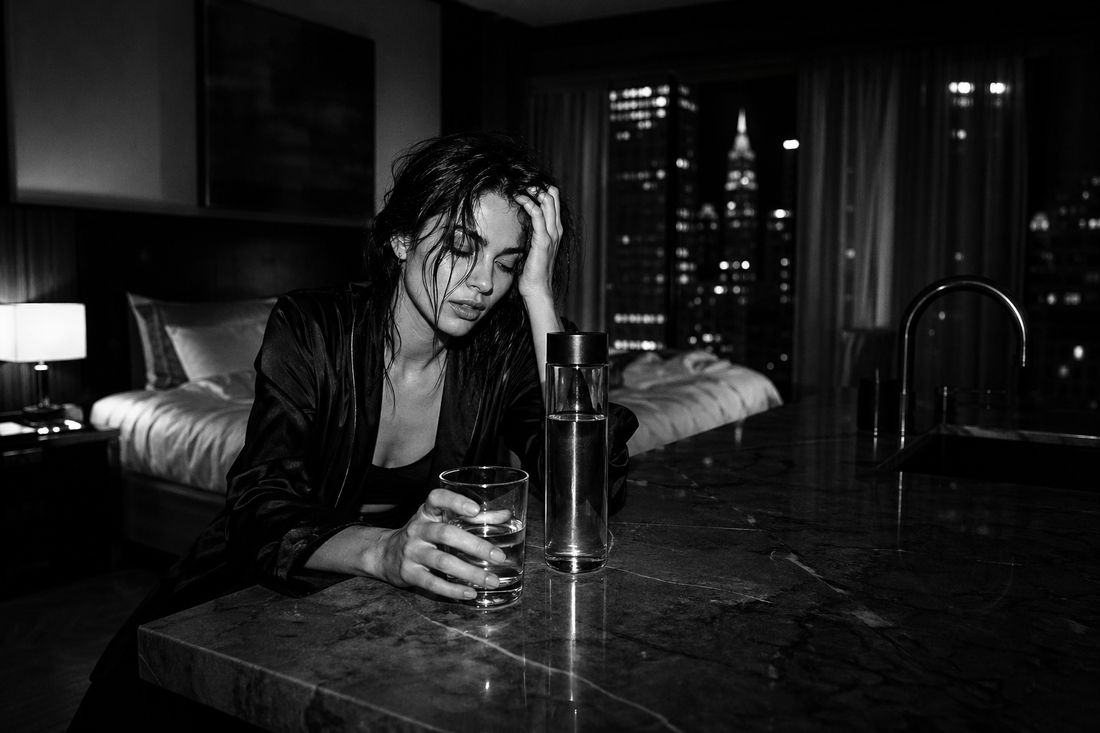 Luxury morning-after scene with water and a stylish tired person after a night out