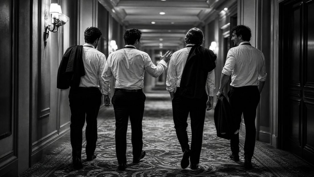 Groomsmen walking a hotel hallway at 3am after a bachelor party night