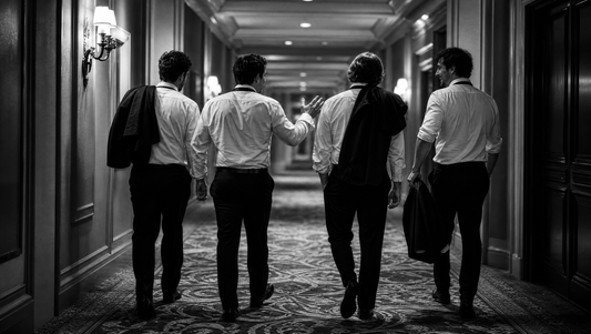 Groomsmen walking a hotel hallway at 3am after a bachelor party night