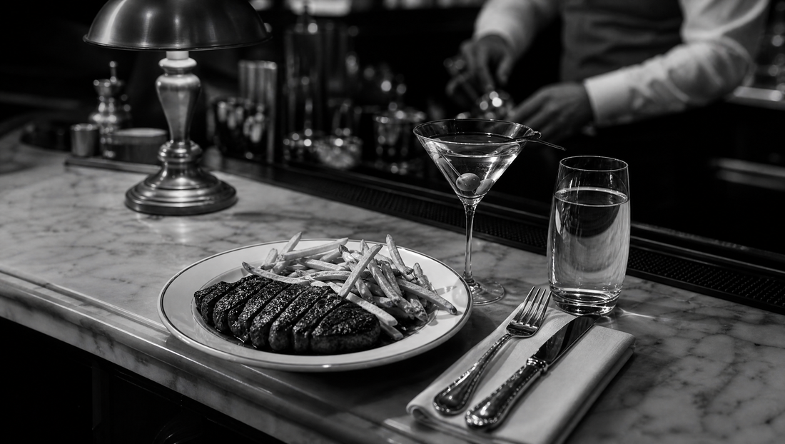 Steak frites, martini and water on a bistro counter - the best food to eat before drinking