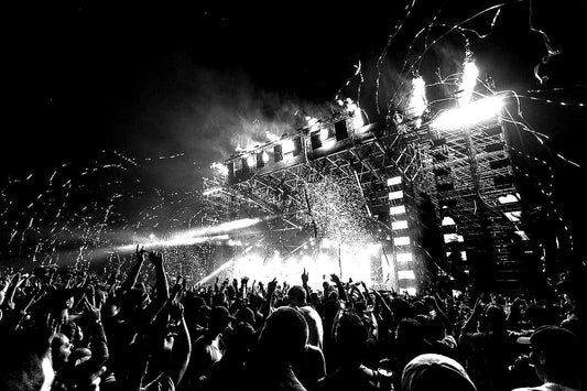 EDC Las Vegas main stage aerial view with massive crowd and neon lights