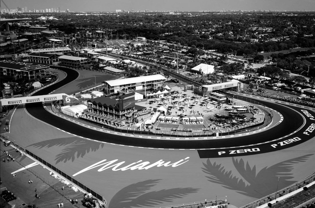 Aerial view of the Miami International Autodrome with city skyline