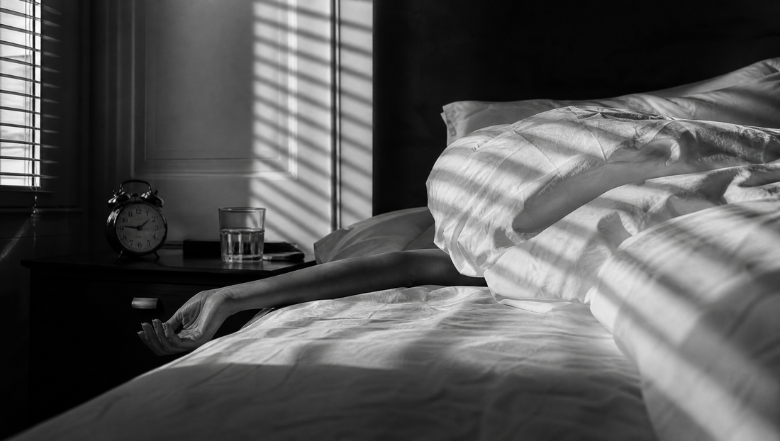 Morning sun through blinds on a rumpled bed with an alarm clock - how long a hangover actually lasts