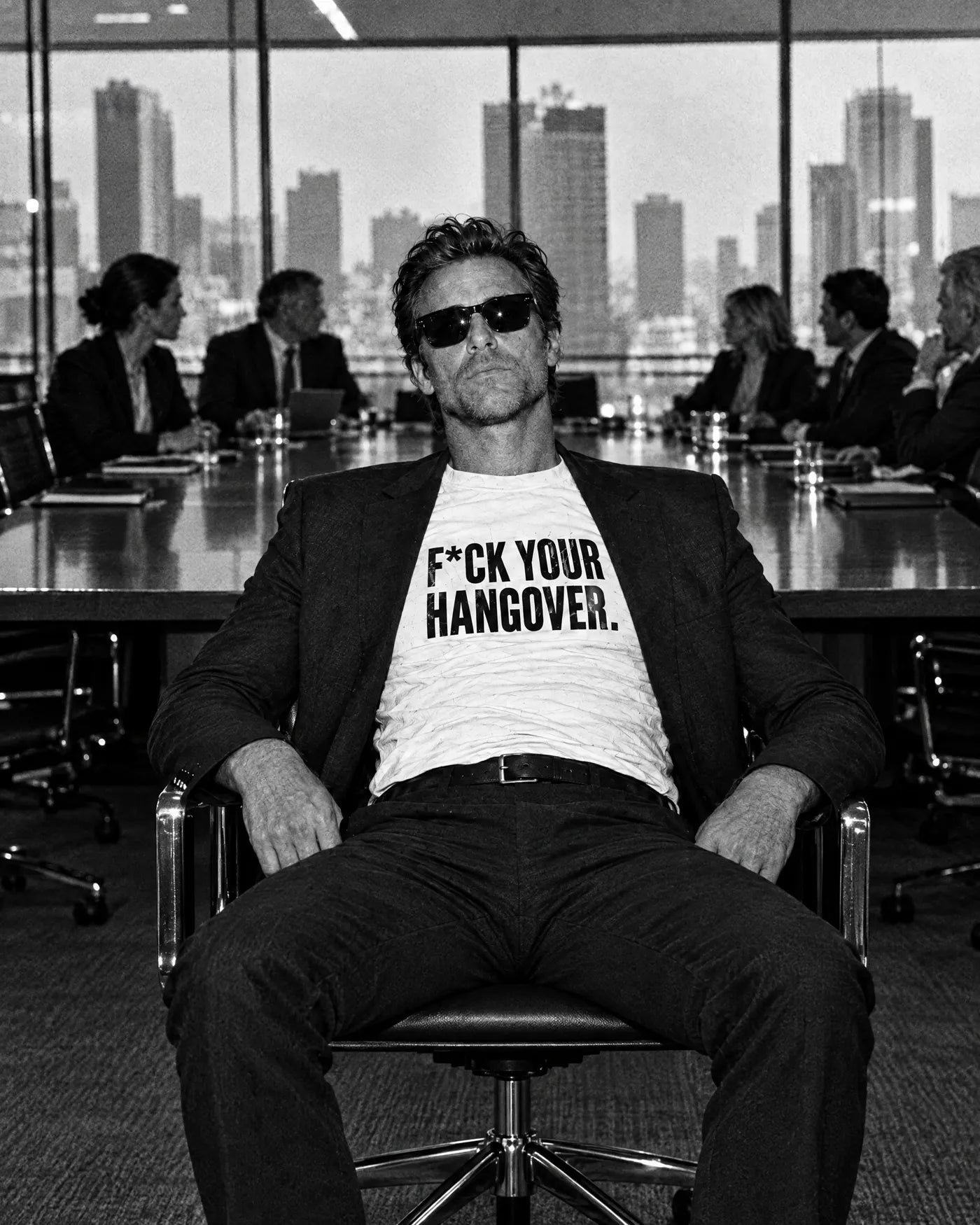 Black and white photo of a man in a blazer and sunglasses at a boardroom table, wearing a F*ck your hangover T-shirt