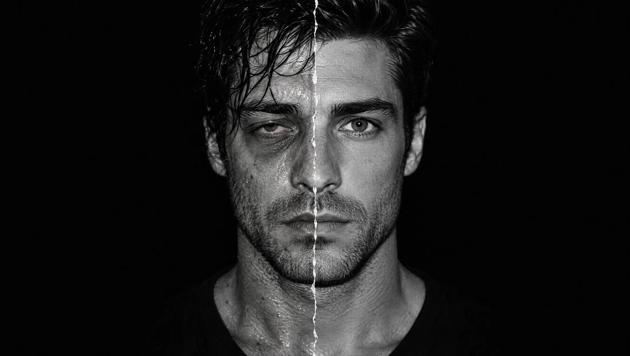 Close-up of one man's face split in two: hungover on the left, sharp and rested on the right